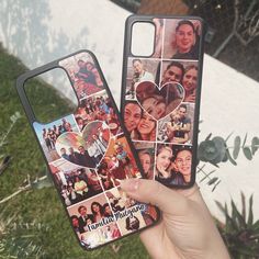 someone is holding up their phone case with pictures on it and hearts in the middle