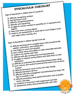 a checklist with the words dyscalculaia checklist written on it