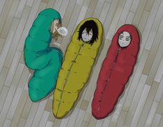 three people in sleeping bags on the floor with one holding a cup and another looking down