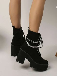 Style:Punk \nClosure Type:Side zipper \nDetails:Chain \nType:Combat Boots \nColor:Black \nPattern Type:Plain \nToe:Round Toe \nHeel Height:High Heel \nHeels:Platform \nBoots Height Type:Mid Calf Boots \nUpper Material:Suedette \nLining Material:Fabric \nInsole Material:Fabric \nOutsole Material:Rubber \n Artsy Shoes, Heel Combat Boots, Combat Boot Outfit, Cute Outfits With Shorts, Heeled Combat Boots, Casual Shoes Women Sneakers, Minimalist Chain, Marvel Clothes, Fashion Shoes Heels