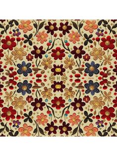 an intricately designed rug with flowers and leaves in red, yellow, blue, orange and