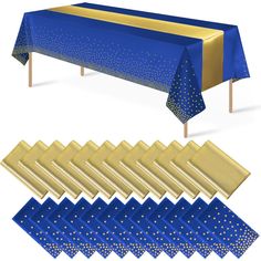 blue and gold tablecloths with matching placemats on each side, set against white background