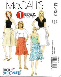 three women's skirts and one woman's blouse sewing pattern