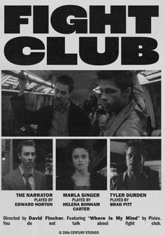 Film Posters Black And White, Aesthetic Wall Prints Black And White, Movie Club Poster, Slow Dive Poster, Film Club Poster, Tyler Durden Poster, Y2k Movie Poster, Black Posters Aesthetic, Movie Room Posters