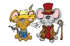 two cartoon mouses with hats and tails, one wearing a top hat while the other is