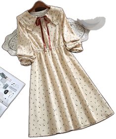 Cute Long Sleeve Vintage Dress For Spring, Cute Knee-length Fall Dresses, Cute Knee-length Dresses For Fall, Casual Winter Dress With Doll Collar, Beige Fitted Dress With Doll Collar, Cute Cream Winter Dress, Casual Vintage Midi Dress For Fall, Cute Cream Fall Dress, Cottagecore Aesthetic Clothes