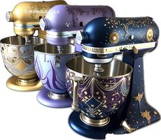 an assortment of colorful mixers with gold designs on them, all in different colors