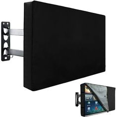 an image of a black wall mount with a cell phone and tablet on the side