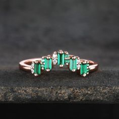 Vintage Emerald Wedding Ring For May Birthstone, Green Emerald Stackable Ring With Baguette Cut, Classic Green Emerald-cut Stackable Rings, Gold Ring Green Stone, Green Emerald-cut Stackable Birthstone Ring, May Birthstone Gift, Art Deco Emerald Ring, Jordan Wedding, Emerald Wedding Band, Emerald Band