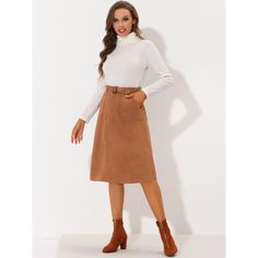 Bring a classic fall vibe to smart casual ensembles with this beautifully a-line belted skirt. Updating your wardrobe with this faux suede pocket skirt which features an A-line silhouette for a universal body shape. Merging feminine and modern styles, this skirt is made of stretchy faux suede, which is comfortable and chic for the fall/winter season. Matching timeless knitwear, a blouse, and retro leather boots or high heels for a smart feminine impression. Belted Skirt For Fall Workwear, Fall Workwear Belted Skirt, Belted Skirt For Workwear In Fall, Brown Belted Skirt For Workwear, Brown Belted Skirt For Work, Fall Brown Belted Skirt, Fall Office Belted Skirt, Fall Knee-length Belted Skirt, Midi Skirt With Belt