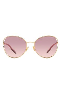 Polished metal frames add a glamorous vibe to Italian-made sunglasses with gradient lenses and signature logo hardware at the temples. 58mm lens width; 20mm bridge width; 125mm temple length 100% UV protection Adjustable nonslip nose pads Metal Made in Italy Formal Rose Gold Tinted Sunglasses, Modern Rose Gold Sunglasses With Gradient Lenses, Miu Miu Gold Sunglasses With Tinted Lenses, Miu Miu Sunglasses With Gradient Lenses For Formal Occasions, Luxury Rose Gold Sunglasses With Uv Protection, Miu Miu Gold Tinted Sunglasses, Elegant Rimless Aviator Sunglasses With Gradient Lenses, Elegant Gold Miu Miu Sunglasses, Miu Miu Elegant Gold Sunglasses