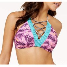 New With Tags Hula Honey Leaf Breeze Lace Up High Neck Bikini Swim Top In Pink Multi Contrasting Prints And A Lace-Up Detail Take This Halter Bikini From Hula Honey To The Next Level. A High Neckline Completes The Chic Look. Removable Soft Cups; Wire At Sides For Support Pull-On Styling; Halter Straps Tie At Back Neck; Hook-And-Loop Closure At Back High Neckline With Lace-Up Detail Between Bust Nylon/Spandex; Lining: Polyester Size Xl Fitted Pink Strappy Halter Top, Pink Strappy Swimwear For Pool, Pink Strappy Swimwear For Swimming, Pink Strappy Swimwear For The Pool, Pink Halter Neck Tankini For Pool, Pink Stretch Halter Top For Swimming, Stretch Pink Tankini For Vacation, Pink Sleeveless Tankini For Vacation, Pink Strappy Swimwear For Vacation