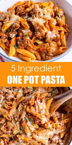 one pot pasta with meat and cheese in a white bowl