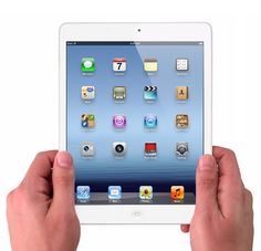 two hands holding an apple ipad in front of a white background with icons on the screen