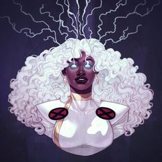 a woman with white hair and lightning in the background