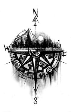 a black and white drawing of a compass