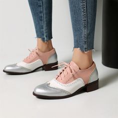 Shop Pink and Silver Round Toe Wingtip Lace up Dress Office Shoes Women's Oxford Shoes color Pink for Anniversary, Going out, Hanging out with worldwide Free shipping & Free return. Fitted Wingtip Lace-up Shoes For Spring, Fitted Round Toe Lace-up Shoes For Spring, Fitted Closed Toe Oxfords For Spring, Summer Oxfords With Brogue Detailing And Almond Toe, Fitted Lace-up Shoes With Round Toe For Spring, Spring Fitted Lace-up Shoes With Round Toe, Casual Wingtip Oxfords For Party, Pointed Toe Dress Shoes With Brogue Detailing For Spring, Spring Brogue Detail Pointed Toe Dress Shoes