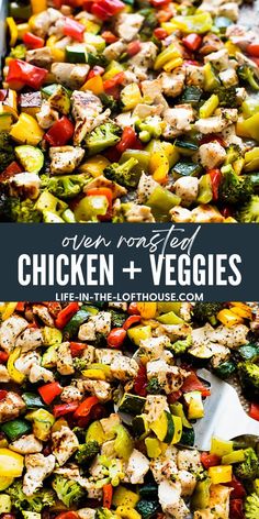 chicken and veggies on a sheet pan with text overlay