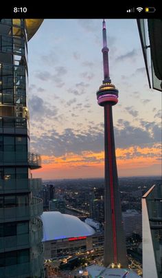 the sky tower is lit up at dusk in this cityscape photo taken from an observation platform