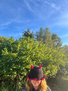 Introducing the Handmade Crochet Devil Bucket Hat, perfect for adding a touch of spookiness to your outfits all year round! This devilishly stylish hat is part of my Spooky Collection, which also features other hats and plushies. The hat is made in one size, but if you need a bigger or smaller size, simply message me on Etsy and I'll be happy to work with you to create a custom size. For reference, the hat fits a head circumference of about 22-23''. You can customize your devil bucket hat by choosing your preferred primary color for the body of the hat and a secondary color for the horns and brim of the hat. Please note that machine washing is not recommended for this handmade hat. Instead, I highly recommend hand washing it to preserve its quality. If you have any questions regarding size Hat Fits, Stylish Hats, Handmade Hat, Bucket Hats, Crochet Hat, Head Circumference, Handmade Crochet, Primary Colors, Caps Hats