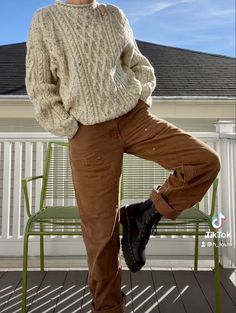 person wearing white cableknit sweater carthartt brown pants and black platform dr martins Winter Outfit Neutral, Fall Fashion Nonbinary, Men Fall Fits 2023, Mens Acedamia Fashion, Workwear Pants Outfit Men, Gender Fluid Fall Outfits, Male Cozy Outfit, Masc Holiday Outfit, Autumn Aesthetic Clothes Men