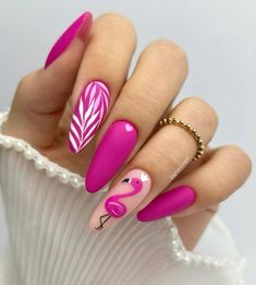 Almond Shaped Nails Designs, Flamingo Nails, Neon Pink Nails, Cruise Nails, Unghie Nail Art, August Nails, Summer Nails 2024, Tropical Nails, Summer Nail Art