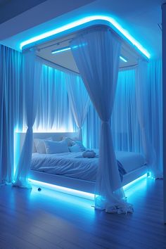 a bed with white sheets and blue lights in a room that looks like it has been made into a canopy bed