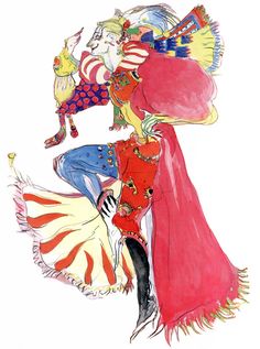 a drawing of two people dressed as clowns, one holding a flag and the other dancing