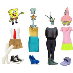 there are many different outfits and shoes on this white background, including spongebob