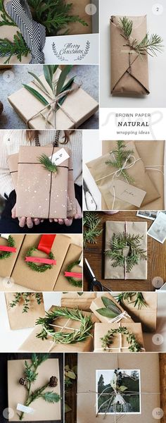 wrapping presents with evergreen branches and pine cones on them is an easy way to wrap gifts for the holiday season