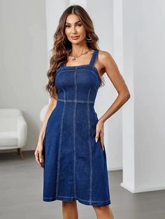 Patchwork Vintage Denim Dress with Wide Straps Casual Slim Fit Denim Dress For Summer, Trendy Slim Fit Summer Dresses, Fitted Denim Blue Cotton Dress, Blue Non-stretch Denim Midi Dress, Fitted Casual Denim Blue Dress, Fitted Denim Dress For Summer, Chic Slim Fit Denim Dress For Summer, Slim Fit Casual Cotton Denim Dress, Spring Slim Fit Cotton Denim Dress