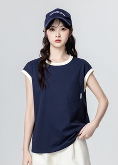 Blue Color Block Sleeveless T-Shirt Blue S Fashion Chingu, Sweet T, Sleeveless T Shirt, Sleeveless Tshirt, Korean Outfits, Oversized Tshirt, Types Of Shirts, Black Men, Neck T Shirt