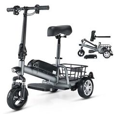 an electric scooter is shown with the seat folded down and two wheels on each side