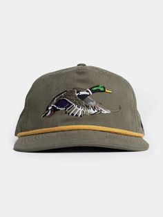 a gray hat with a green duck embroidered on it