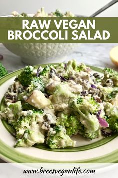 broccoli salad on a green and white plate