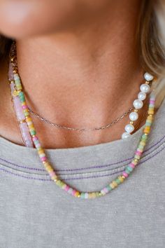 Add a pop of color to your outfit with our Rainbow Necklace Luxe- Easy Does It! This on trend necklace stack features vibrant gemstones, making it a best seller with five stars. Stand out and be the envy of others with this playful and stylish piece. Product Details: 16" lobster claw 2" extender charm not included Trendy Charm Necklaces With Colorful Beads, Trendy Beaded Chain Charm Necklaces For Jewelry Making, Trendy Multicolor Jewelry, Trendy Multicolor Round Beads Charm Necklaces, Trendy Adjustable Gemstone Beads Necklace, Trendy Multicolor Charm Necklace With Lobster Clasp, Trendy Multicolor Charm Necklaces With Round Beads, Trendy Pink Beaded Necklaces, Trendy Pink Necklaces For Everyday