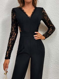 Experience the ultimate in elegance and comfort with the Elegant V-Neck Lace & Mesh Panel Jumpsuit. This stylish jumpsuit features a black color, a plain pattern type, zippered detailing, and contrast lace accents for an added touch of sophistication. The long length provides optimal coverage while the high waist gives you an elegant silhouette. The fabric is non-stretch for durability and features long sleeves with regular cuffs for a classic look. Features: Color: Black Style: Elegant Pattern Type: Plain Type: Other Details: Contrast Lace, Zipper Length: Long Fit Type: Regular Fit Neckline: V neck Sleeve Length: Long Sleeve Sleeve Type: Regular Sleeve Waist Line: High Waist Fabric: Non-Stretch Material: Fabric Composition: 100% Polyester Body: Unlined Sheer: No Size Chart (Inches): Produ Comfy Jumpsuits, Stylish Jumpsuit, Style Noir, Neck Lace, Mesh Panel, Zipper Detail, Long Length, Classic Looks, Black Fashion