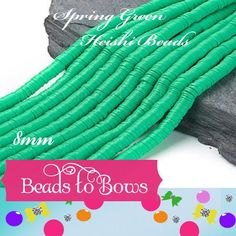 some green beads are laying on top of each other and the text reads, spring green fresh beads smm beads to bows