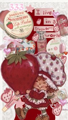 a collage of strawberry shortcakes and other items on a white background with pink hearts