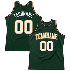 Custom Hunter Green White Old Gold-Black Authentic Throwback Basketball Jersey Cheap Green Jersey With Letter Print, Custom Basketball Jersey, White Basketball, Gold Shirt, Blue Football, Custom Basketball, Effortless Fashion, White Jersey, Baseball Shirts