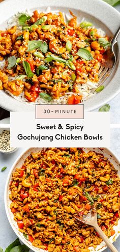 two bowls filled with different types of food and the words sweet & spicy gochulang chicken bowls