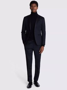 Featuring jetted pockets and silken lapels, DKNY's suit is a solid choice for black-tie commitments. It's crafted in a black stretch blend that's rich in wool and has a slim fit that sits close to your frame for sharp lines. Suit Tuxedo, Moss Bros, Slim Fit Suit, All Black Everything, Tuxedo Jacket, Blazers For Men, Black Stretch, Black Tie, Mens Suits