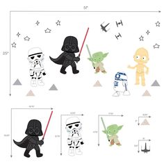 star wars wall decals are shown in various sizes and shapes, including the characters