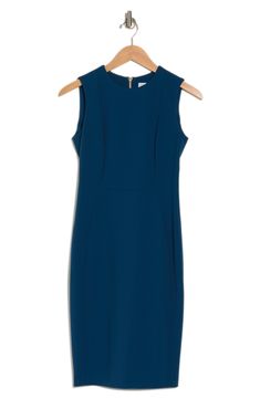 An exposed back zipper adds an extra hint of modern allure to this curve-skimming sheath dress. Approx. 39" length (size 4) Jewel neck Sleeveless Exposed back zip closure 94% polyester, 6% spandex Dry clean Imported Model stats: 5'10", 32" bust, 25" waist, 36" hip. Model is wearing size S. Stretch Sheath Midi Dress With Back Zipper, Stretch Sheath Sleeveless Dress For Work, Sleeveless Elastane Bodycon Dress For Work, Sleek Sleeveless Bodycon Dress With Back Zipper, Calvin Klein Sheath Sleeveless Dress For Work, Sleeveless Calvin Klein Bodycon Dress For Formal Occasions, Calvin Klein Sleeveless Knee-length Dress For Work, Fitted Sleeveless Midi Dress With Back Zipper, Calvin Klein Sleeveless Bodycon Dress For Formal Occasions