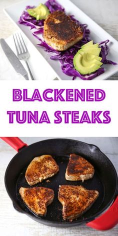 blackned tuna steaks in a skillet with avocado on the side