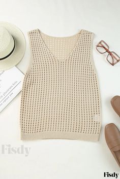 Fisdy - Womens Casual V-Neck Knitted Tank Top with Fishnet Hollow-out Design Knitted Sleeveless Top, Crochet Design, Feminine Look, Knitted Tank Top, Knit Tanks, Color Khaki, Global Fashion, Crochet Designs, Chinese Style