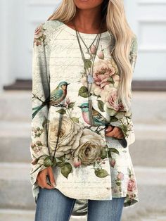 Vintage Floral and Bird Crew Neck Long Sleeve Top – Wonder closets Long Sleeve Tops Casual, Girly Girl, Vintage Floral, Long Sleeve Top, Top Styles, Length Sleeve, Long Sleeve Tops, Sleeve Top, Round Neck