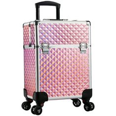 This rolling makeup case is made of premium ABS and an aluminum alloy frame, this cosmetic train case with a multiple-tray design, is sturdy enough for long-term use. Our cosmetic trolley storage sits on four detachable universal wheels which provide smooth moving. The edges and corners are thoughtfully designed into an obtuse angle and shown in a round shape, which can prevent you from injury caused by the accidental collision of sharp corners. The holographic color palette and diamond texture Makeup Box Organizer, Makeup Cart, Makeup Trolley, Pink Wheels, Rolling Makeup Case, Cosmetic Train Case, Makeup Case Organization, Makeup Train Case, Cubby Storage