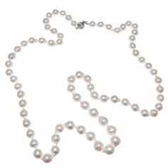 High luster natural color silvery white South Sea cultured pearls 9 to 11.2mm and 36 inches long. Natural color, not dyed. Circa 1950 to 1960. 72 natural silvery white not dyed cultured Baroque South Sea pearls, excellent luster 100.4 grams Tested and stamped: 14k Length: 36 inches Luxury High Luster White Pearl Necklace, Timeless White Single Strand Pearl Necklace, White Pearl Necklace With High Luster For Anniversary, White High Luster Pearl Necklace For Anniversary, Classic White Single Strand Pearl Necklace, Classic White Pearl Necklace With Pearl Drop, Timeless White Pearl Drop Necklace, White Akoya Pearl Necklace With High Luster, Luxury White Single Strand Pearl Necklace