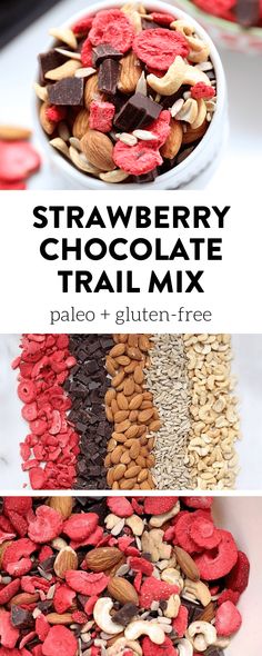 strawberry chocolate trail mix in a white bowl with text overlay that reads, strawberry chocolate trail mix pale + gluten free